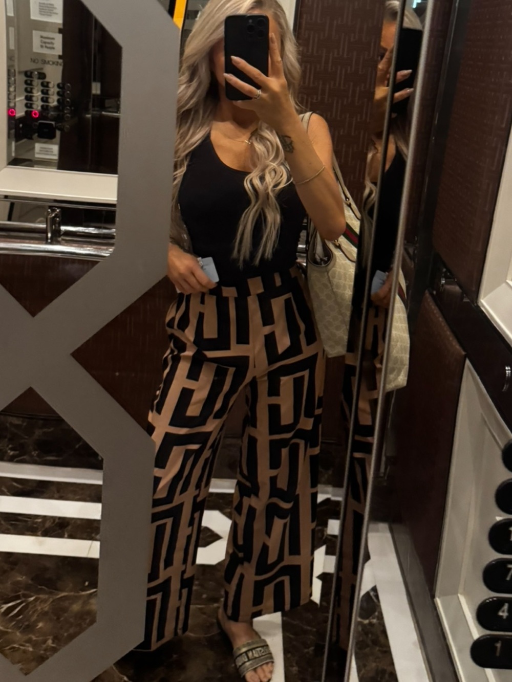 Wide Leg Geometric Print Pants - Black & Tan Fashion nova palazzo pants SMALL